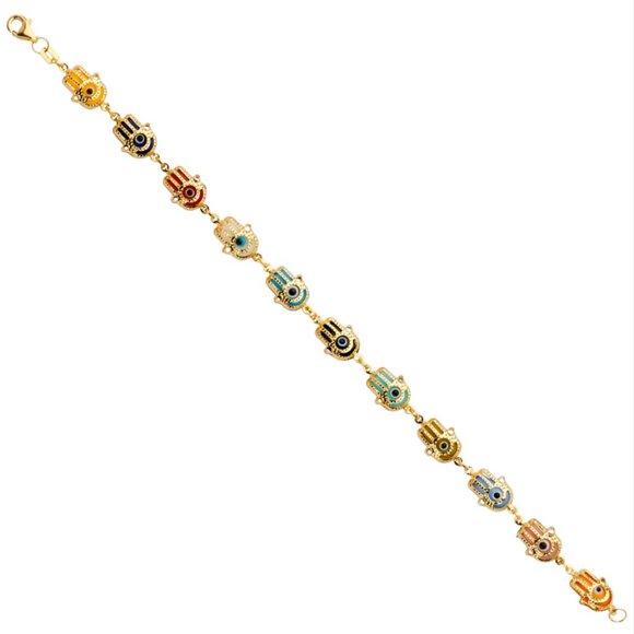 14KT Gold Hamsa Multicolored Evil Eye Bracelet - Picture 1 of 1
